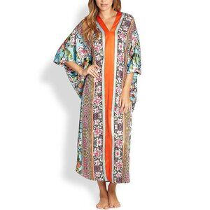 Natori Caftan Floral Lounge Gown Women's Large Vibrant Colorful Breezy V-Neck
